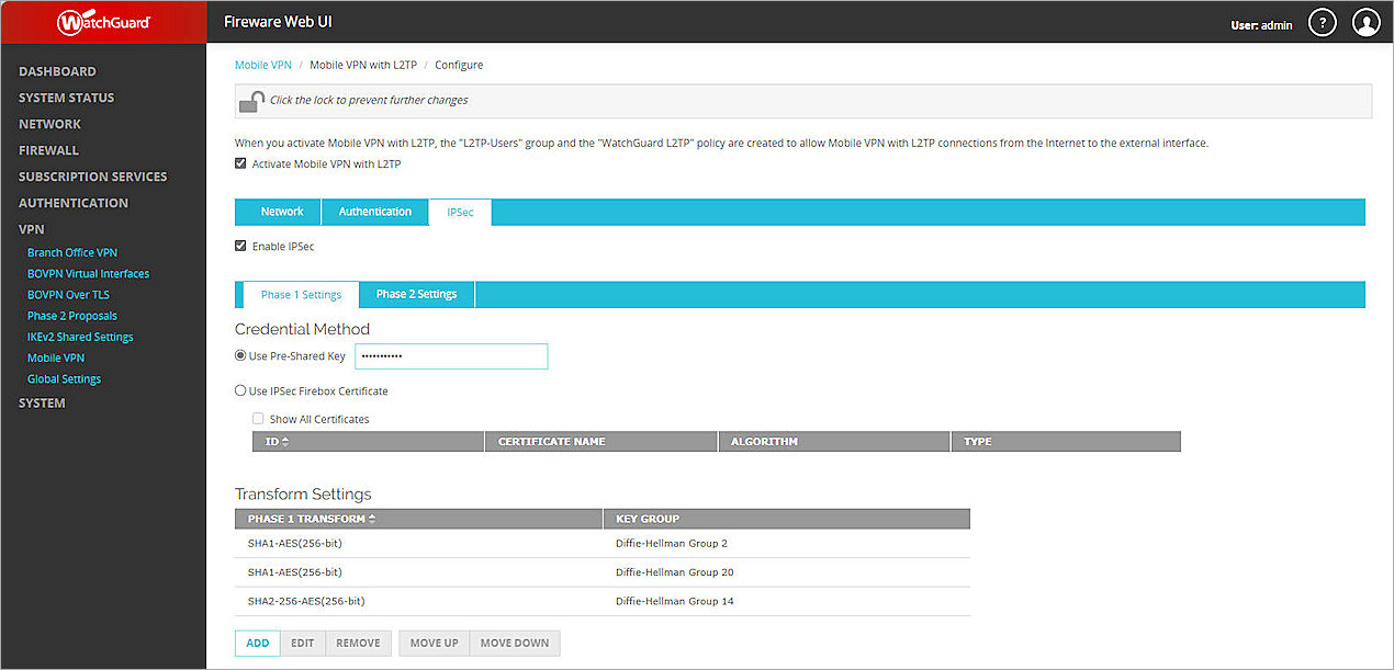 Screenshot of Firebox, Firebox L2TP IPSec